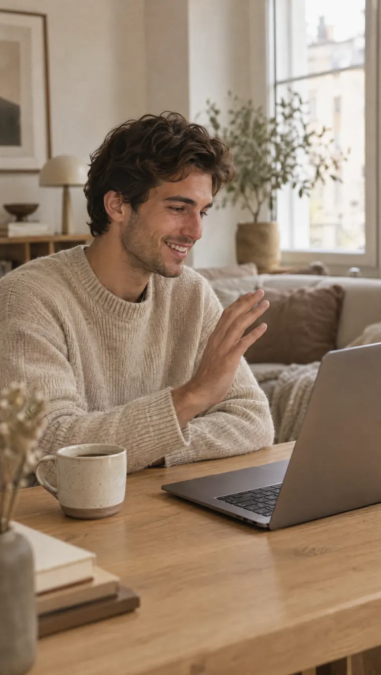 Un créateur souriant en appel vidéo devant son ordinateur portable