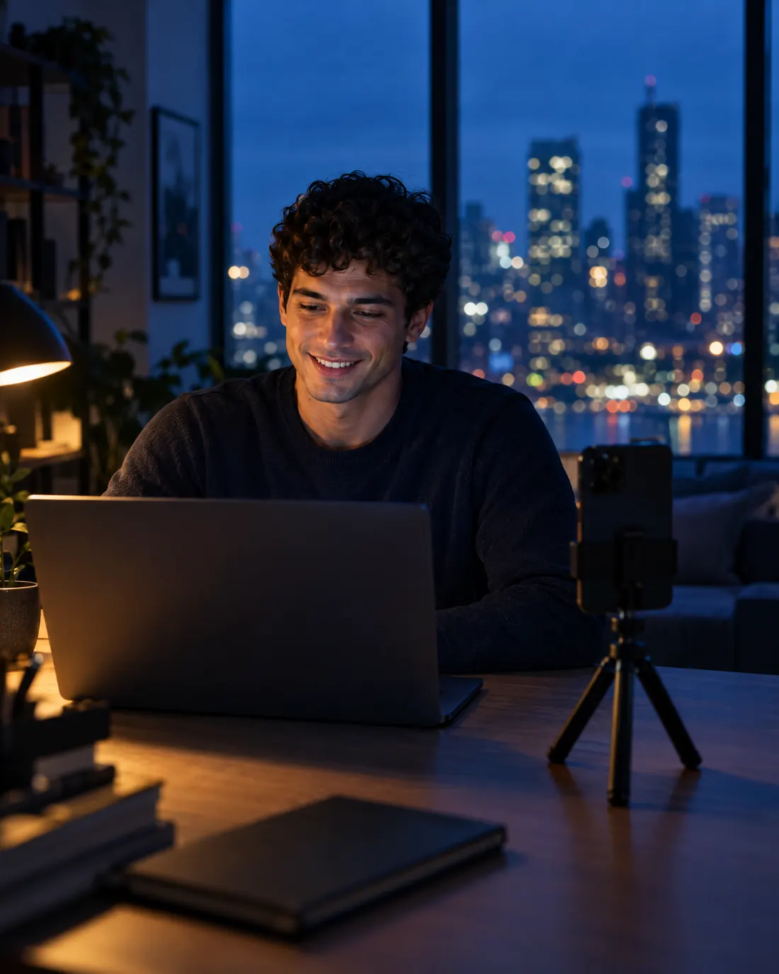 Un jeune créateur souriant devant son ordinateur le soir, un téléphone sur trépied à côté de lui